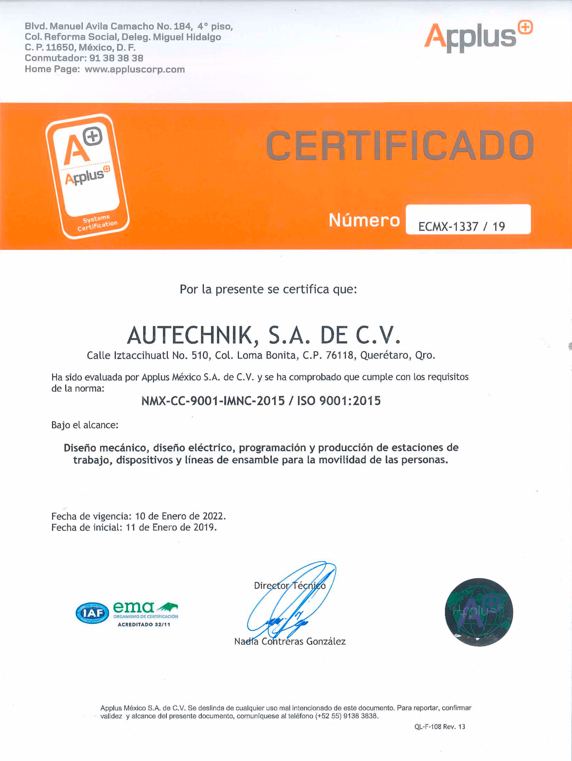 Cetificado ISO 9001:2015 Autechnik